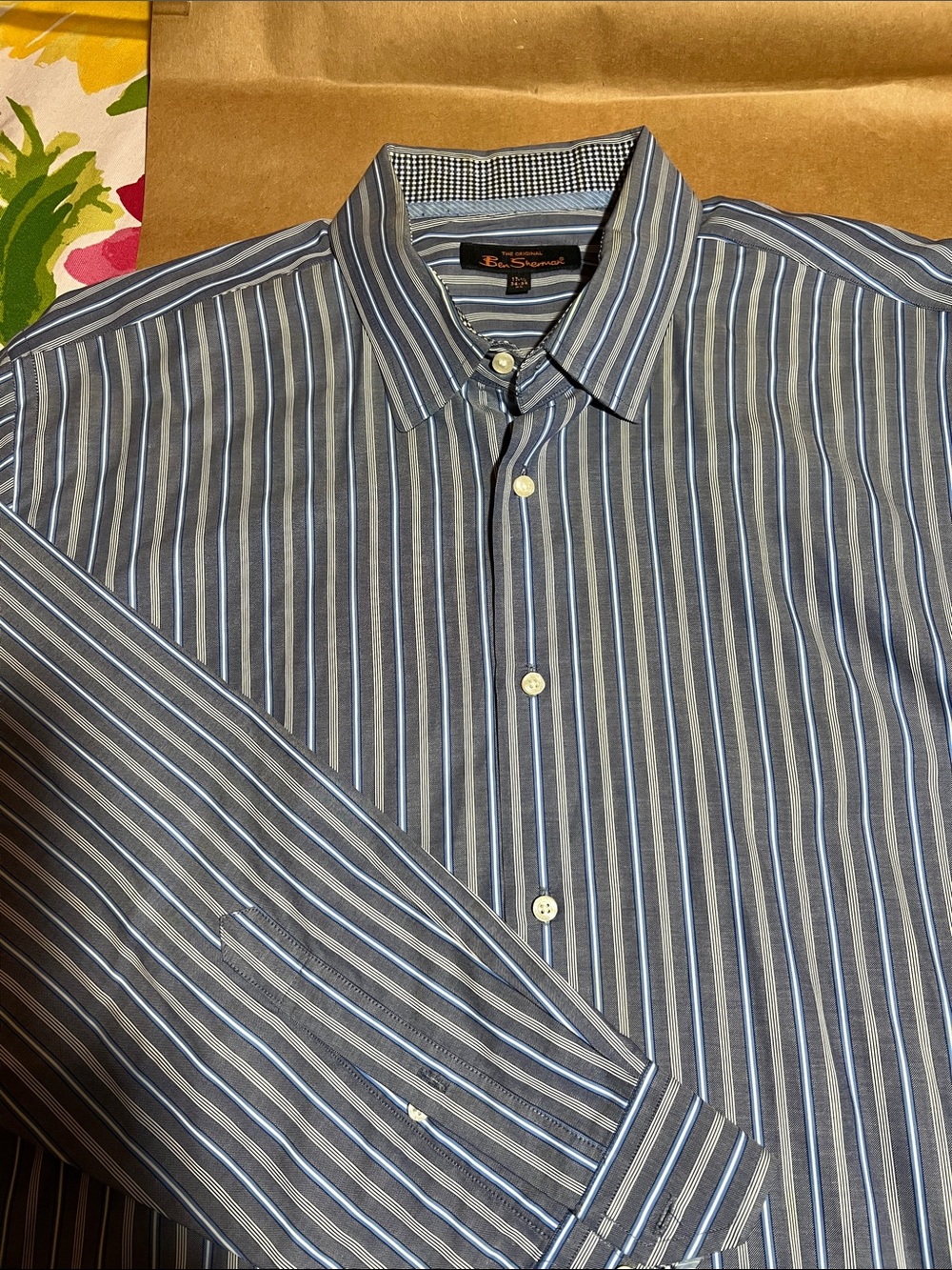 Ben Sherman Men's Navy and Light Blue Vertical Stripe Dress Shirt
